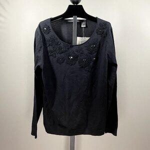 NEW Liz Claiborne Sweater Womens Large black silk knit floral pull over